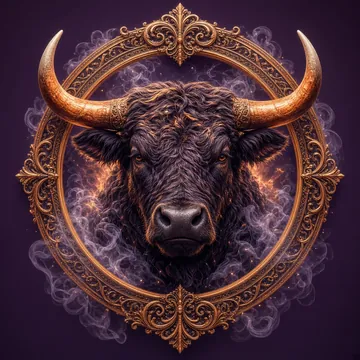 An overly detailed AI-style bull painting with realistic fur, shading, smoke and an ornate gold frame