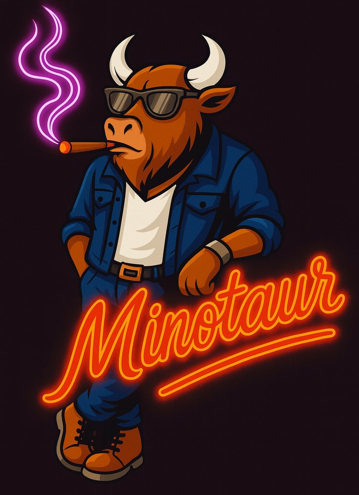 Minotaur mascot: a cartoon bull in sunglasses and a denim jacket, leaning beside a glowing orange neon Minotaur sign